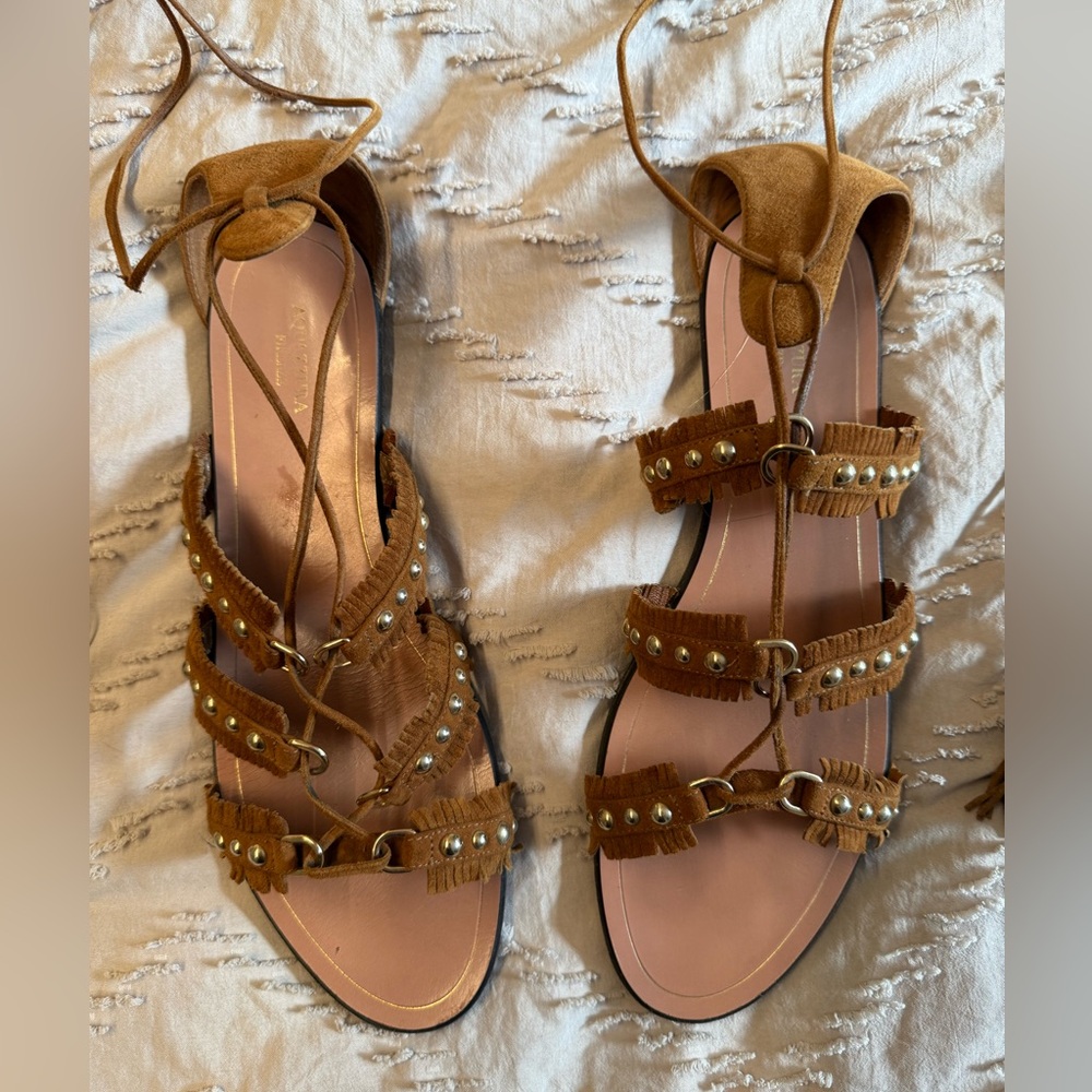 Aquazzura Tan Suede Studded Sandals